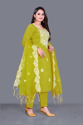 NEW ARRIVAL CHANDERI COTTON EMBROIDERY WORK TOP BOTTOM WITH DUPATTA  PARROT GREEN