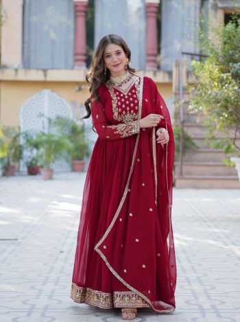 ATTRACTIVE BLOOMING GEORGETTE EMBROIDERY SEQUENCE WORK GOWN WITH DUPATTA RED