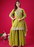 ATTRACTIVE GEORGETTE EMBROIDERY SEQUENCE WORK TOP SHARARA WITH DUPATTA PARROT GREEN
