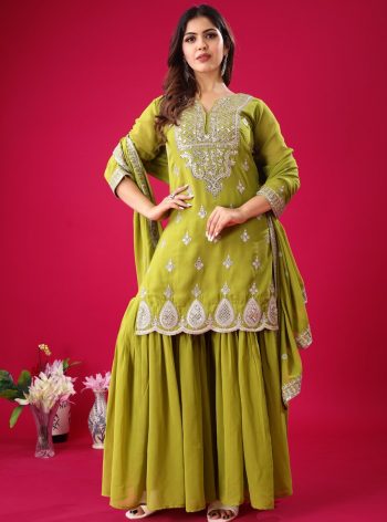 ATTRACTIVE GEORGETTE EMBROIDERY SEQUENCE WORK TOP SHARARA WITH DUPATTA PARROT GREEN
