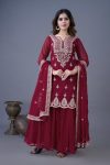 ATTRACTIVE GEORGETTE EMBROIDERY SEQUENCE WORK TOP SHARARA WITH DUPATTA MAROON