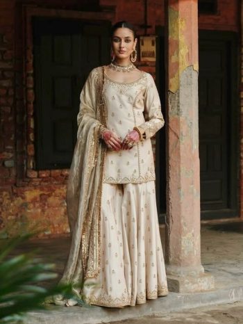 ATTRACTIVE SHIMMER SILK SEQUENCE ZARI EMBROIDERY WORK TOP PALAZZO WITH DUPATTA OFF WHITE