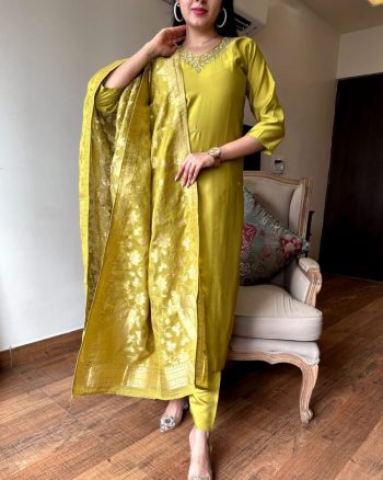 ATTRACTIVE VISCOSE CHANDERI SILK BEADS HAND WORK TOP BOTTOM WITH DUPATTA MEHNDI