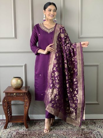 ATTRACTIVE VISCOSE CHANDERI SILK BEADS HAND WORK TOP BOTTOM WITH DUPATTA WINE