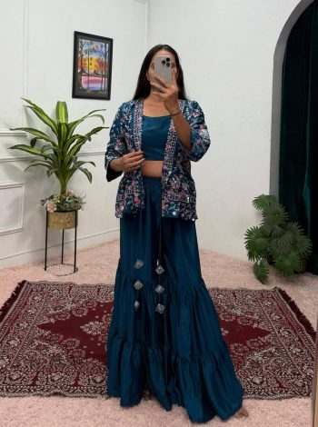 NEW  ARRIVAL CHINON SILK EMBROIDERY WORK BLOUSE SHARARA WITH KOTI TEAL