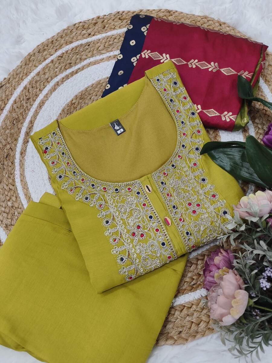 DEISGNER VISCOSE CHANDERI SEQUENCE CODING EMBROIDERY WORK TOP BOTTOM WITH DUPATTA FESTIVE WEAR WHOLESALE PRICE ETHNIC GARMENT (1)