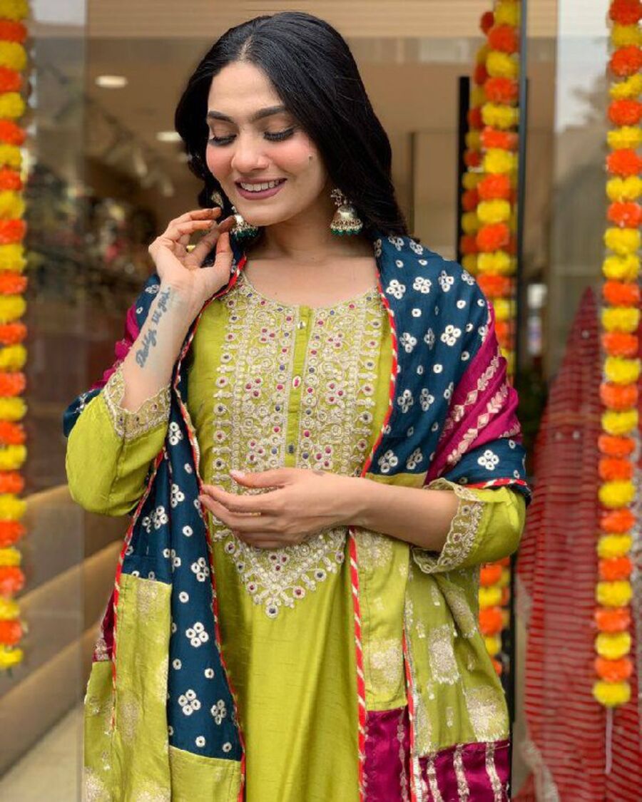 DEISGNER VISCOSE CHANDERI SEQUENCE CODING EMBROIDERY WORK TOP BOTTOM WITH DUPATTA FESTIVE WEAR WHOLESALE PRICE ETHNIC GARMENT (3)