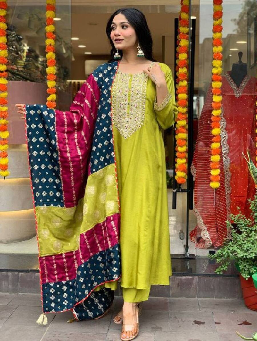 DEISGNER VISCOSE CHANDERI SEQUENCE CODING EMBROIDERY WORK TOP BOTTOM WITH DUPATTA FESTIVE WEAR WHOLESALE PRICE ETHNIC GARMENT (5)