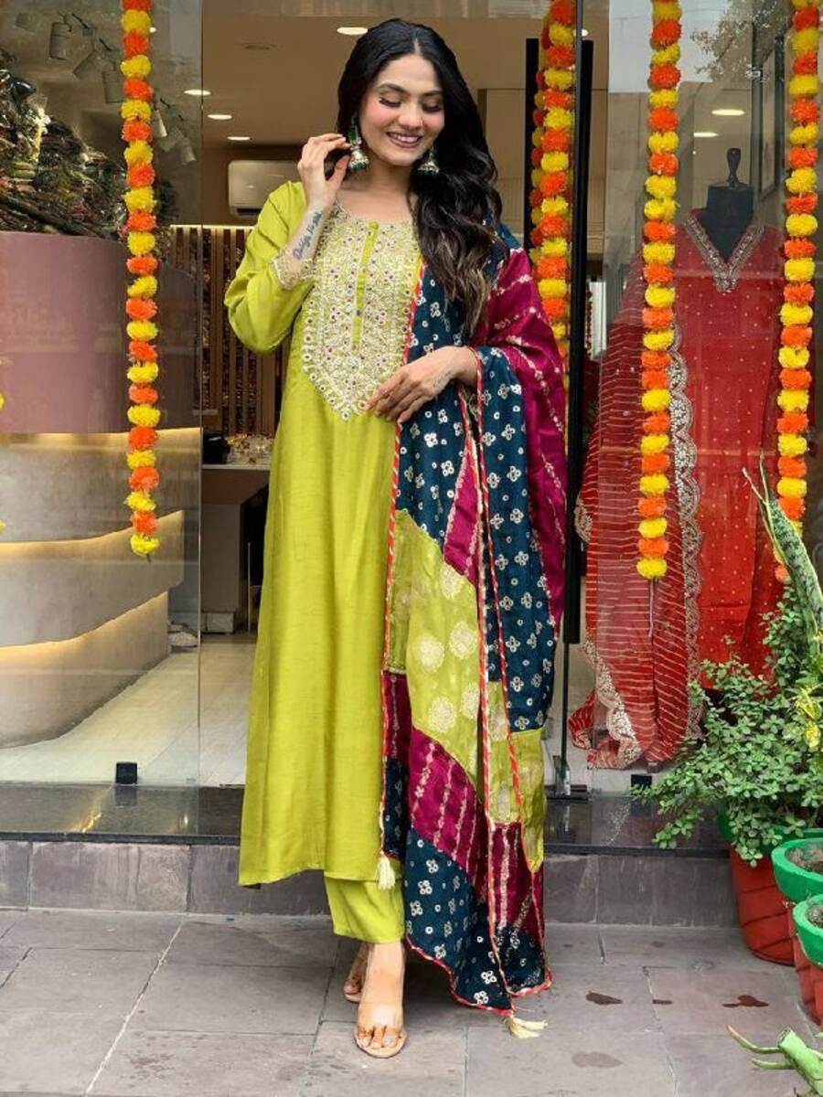 DEISGNER VISCOSE CHANDERI SEQUENCE CODING EMBROIDERY WORK TOP BOTTOM WITH DUPATTA FESTIVE WEAR WHOLESALE PRICE ETHNIC GARMENT (6)