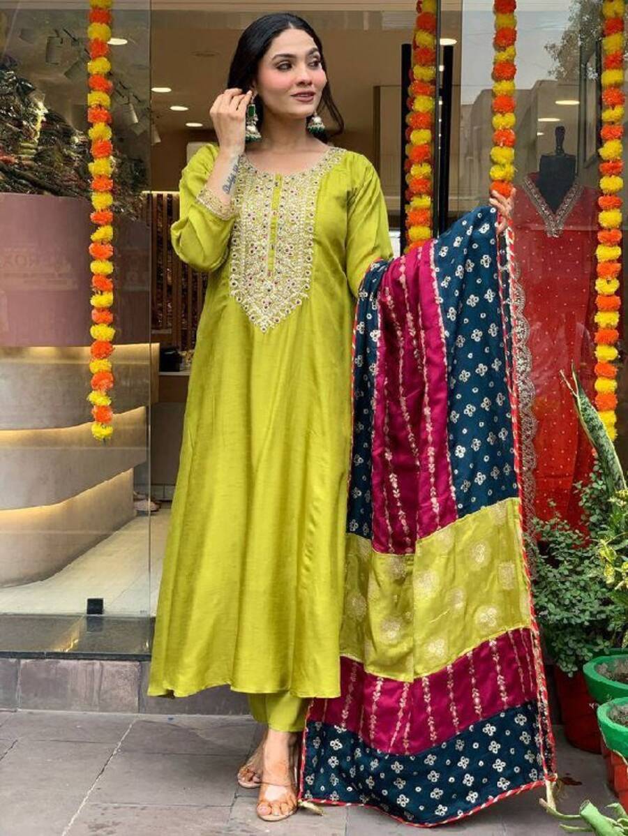 DEISGNER VISCOSE CHANDERI SEQUENCE CODING EMBROIDERY WORK TOP BOTTOM WITH DUPATTA FESTIVE WEAR WHOLESALE PRICE ETHNIC GARMENT (7)