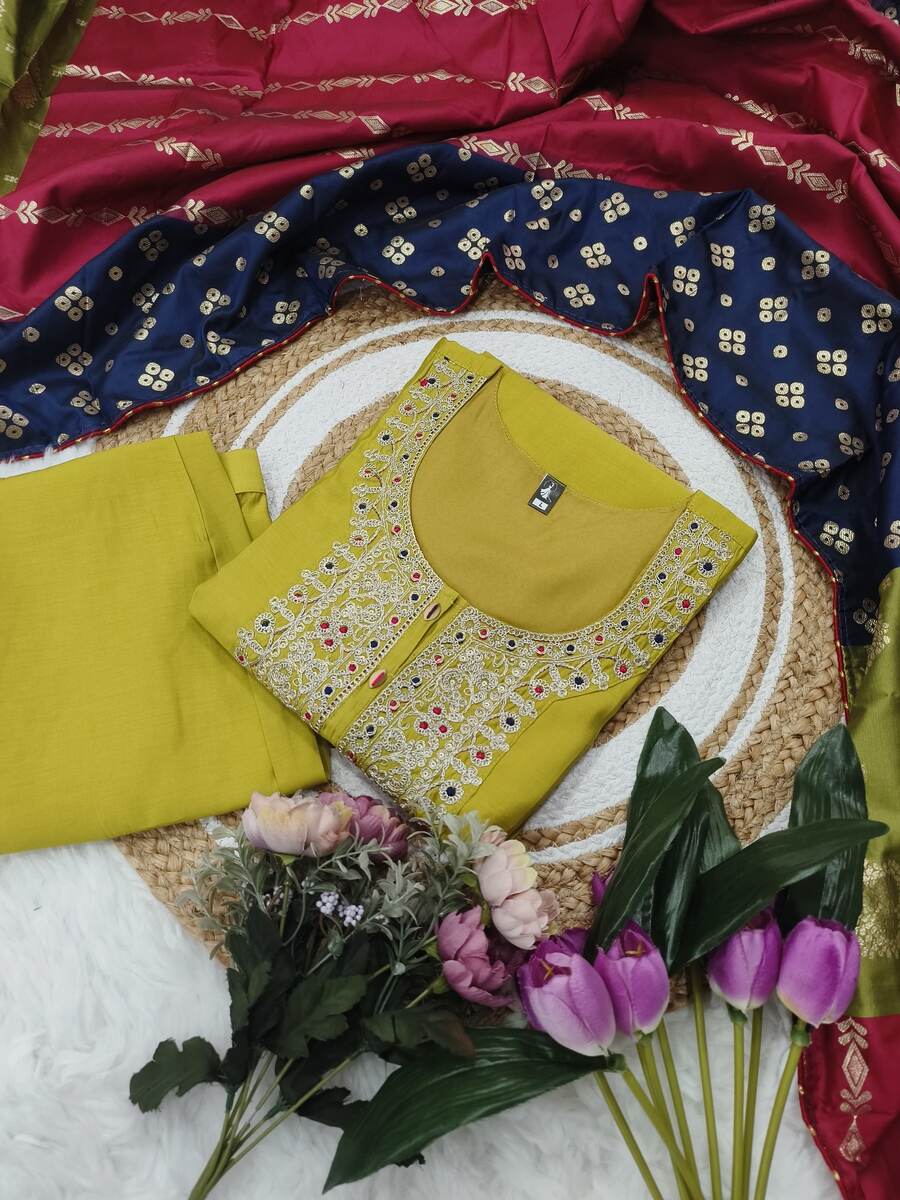 DEISGNER VISCOSE CHANDERI SEQUENCE CODING EMBROIDERY WORK TOP BOTTOM WITH DUPATTA FESTIVE WEAR WHOLESALE PRICE ETHNIC GARMENT (9)