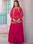 DESIGNER BHANDEJ EMBROIDERY THREAD WORK PEPLUM STYLE TOP LEHENGA WITH KOTI RANI
