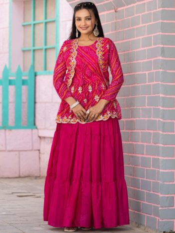 DESIGNER BHANDEJ EMBROIDERY THREAD WORK PEPLUM STYLE TOP LEHENGA WITH KOTI RANI