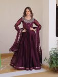 DESIGNER BURBURRY SILK SEQUENCE EMBROIDERY WORK WITH READY MADE LACE WORK GOWN WITH DUPATTA WINE