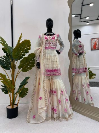 DESIGNER CHANDERI COTTON SEQUENCE WORK TOP SHARARA WITH DUPATTA  OFF WHITE