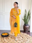 DESIGNER CHANDERI SILK EMBROIDERY WORK TOP BOTTOM WITH DUPATTA YELLOW
