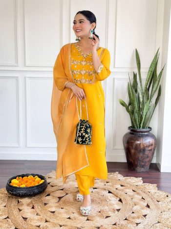DESIGNER CHANDERI SILK EMBROIDERY WORK TOP BOTTOM WITH DUPATTA YELLOW