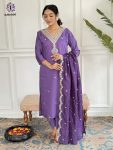 DESIGNER CHANDERI SILK EMBROIDERY WORK TOP BOTTOM WITH DUPATTA PURPLE