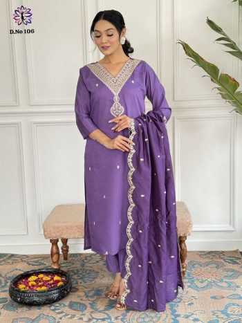 DESIGNER CHANDERI SILK EMBROIDERY WORK TOP BOTTOM WITH DUPATTA PURPLE