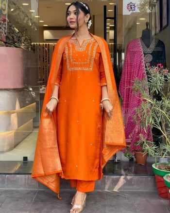 DESIGNER CHANDERI SILK SEQUENCE EMBROIDERY CODING WORK TOP BOTTOM WITH DUPATTA ORANGE