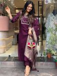 DESIGNER CHANDERI SILK SEQUENCE EMBROIDERY CODING WORK TOP BOTTOM WITH DUPATTA WINE