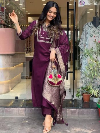 DESIGNER CHANDERI SILK SEQUENCE EMBROIDERY CODING WORK TOP BOTTOM WITH DUPATTA WINE
