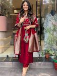DESIGNER CHANDERI SILK SEQUENCE EMBROIDERY CODING WORK TOP BOTTOM WITH DUPATTA RED
