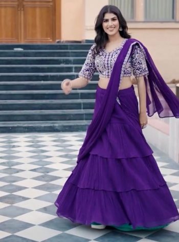 DESIGNER CHINON 3 LAYER RUFFLE WORK AND ATTACHED DUPATTA LEHENGA SAREE WITH STITCHED BLOUSE PURPLE