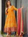 DESIGNER CHINON DIGITAL PRINT WITH EMBROIDERY SEQUENCE DESIGN WORK GOWN BOTTOM WITH DUPATTA  YELLOW
