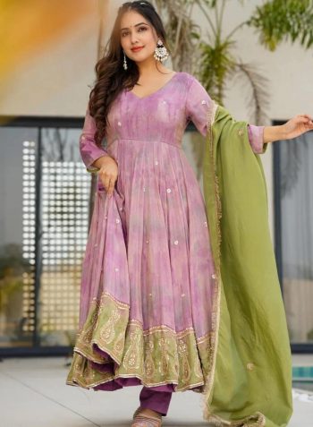 DESIGNER CHINON DIGITAL PRINT WITH EMBROIDERY SEQUENCE DESIGN WORK GOWN BOTTOM WITH DUPATTA  BABY PINK