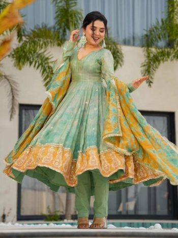 DESIGNER CHINON DIGITAL PRINT WITH EMBROIDERY SEQUENCE DESIGN WORK GOWN BOTTOM WITH DUPATTA  PISTA