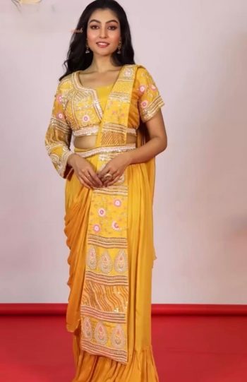 DESIGNER CHINON EMBRODERY SEQUENCE WORK LEHENGA SAREE WITH BLOUSE AND EXTRA KALI AND WAIST BELT  YELLOW