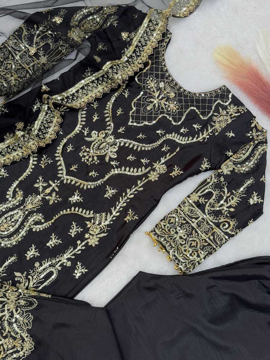 DESIGNER CHINON EMBROIDERY AND SEQUENCE WORK WITH MOTI LACE BORDER WORK TOP BOTTOM WITH DUPATTA FESTIVE WEAR WHOLESALE PRICE ETHNIC GARMENT (1)