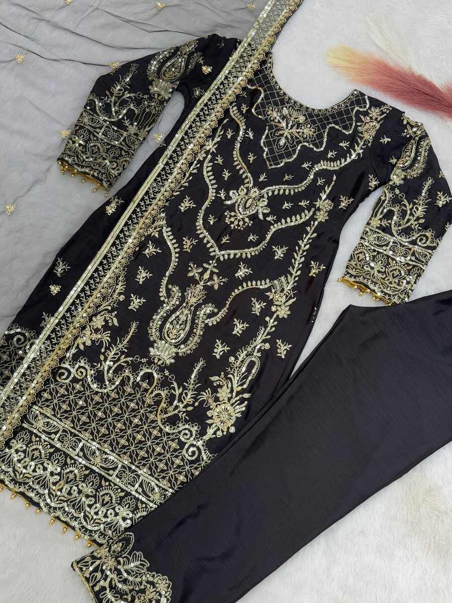 DESIGNER CHINON EMBROIDERY AND SEQUENCE WORK WITH MOTI LACE BORDER WORK TOP BOTTOM WITH DUPATTA FESTIVE WEAR WHOLESALE PRICE ETHNIC GARMENT (15)