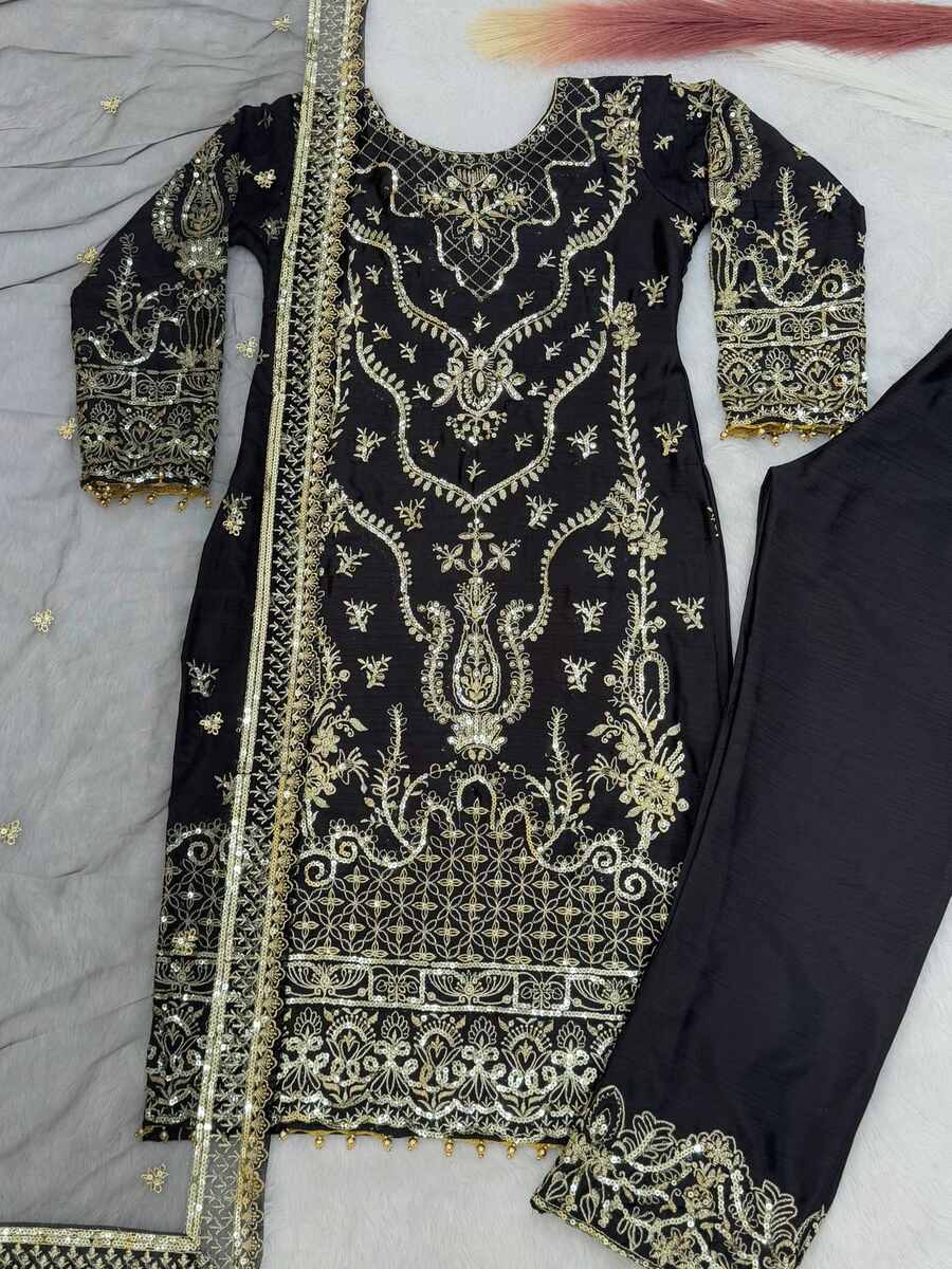 DESIGNER CHINON EMBROIDERY AND SEQUENCE WORK WITH MOTI LACE BORDER WORK TOP BOTTOM WITH DUPATTA FESTIVE WEAR WHOLESALE PRICE ETHNIC GARMENT (16)
