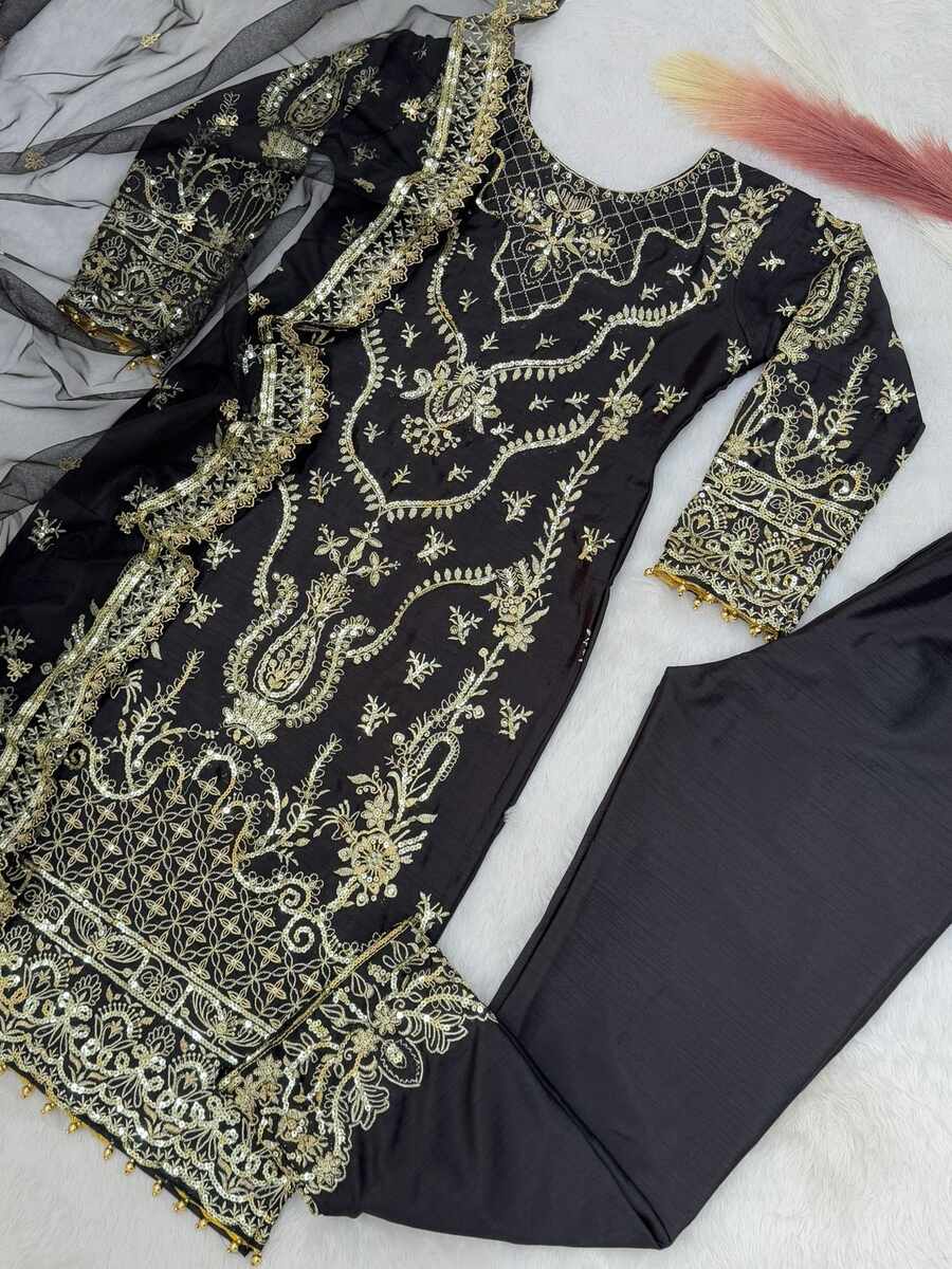 DESIGNER CHINON EMBROIDERY AND SEQUENCE WORK WITH MOTI LACE BORDER WORK TOP BOTTOM WITH DUPATTA FESTIVE WEAR WHOLESALE PRICE ETHNIC GARMENT (17)