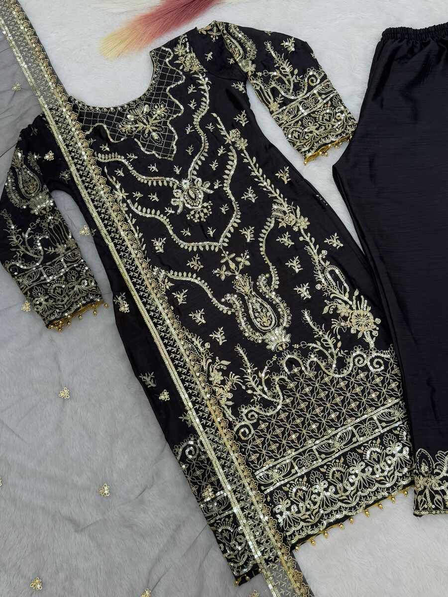 DESIGNER CHINON EMBROIDERY AND SEQUENCE WORK WITH MOTI LACE BORDER WORK TOP BOTTOM WITH DUPATTA FESTIVE WEAR WHOLESALE PRICE ETHNIC GARMENT (18)