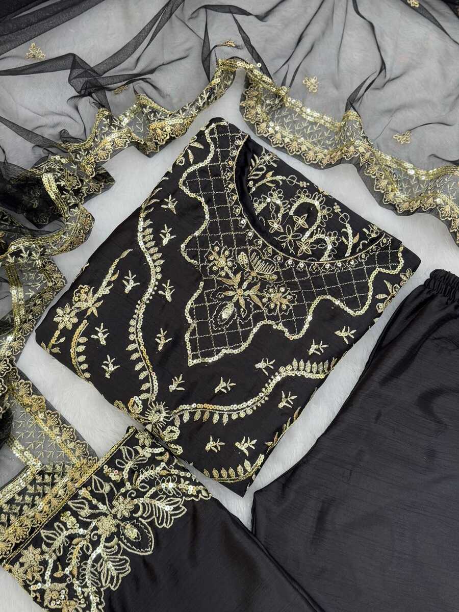 DESIGNER CHINON EMBROIDERY AND SEQUENCE WORK WITH MOTI LACE BORDER WORK TOP BOTTOM WITH DUPATTA FESTIVE WEAR WHOLESALE PRICE ETHNIC GARMENT (20)