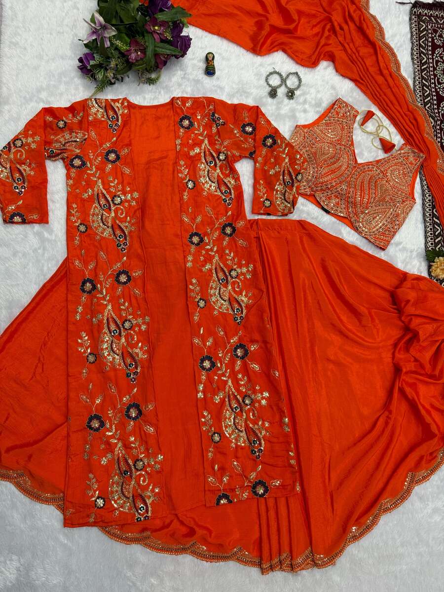 DESIGNER CHINON EMBROIDERY BORDER WORK READY TO WEAR SAREE WITH STITCHED BLOUSE AND KOTI PARTY WEAR WHOLESALE PRICE ETHNIC GARMENT (12)