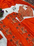 DESIGNER CHINON EMBROIDERY BORDER WORK READY TO WEAR SAREE WITH STITCHED BLOUSE AND KOTI PARTY WEAR WHOLESALE PRICE ETHNIC GARMENT (7)