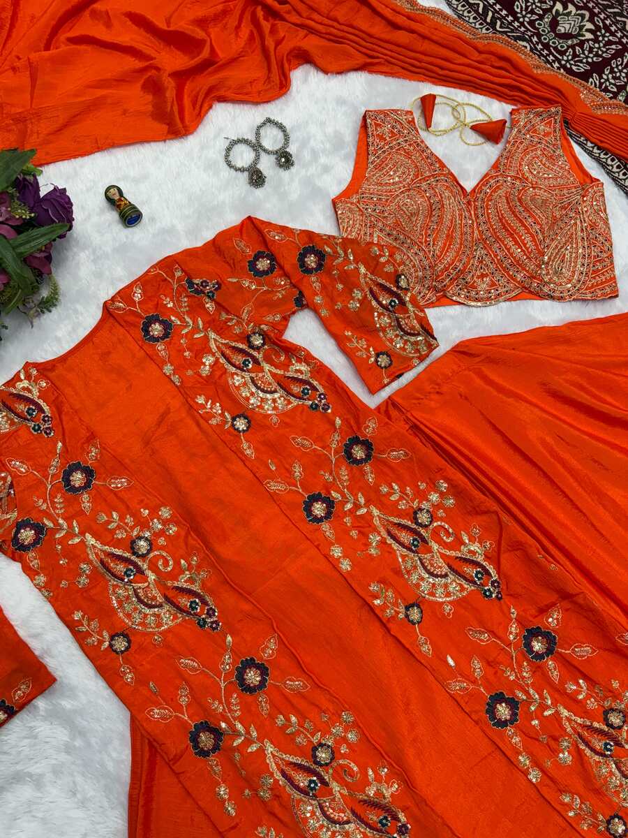 DESIGNER CHINON EMBROIDERY BORDER WORK READY TO WEAR SAREE WITH STITCHED BLOUSE AND KOTI PARTY WEAR WHOLESALE PRICE ETHNIC GARMENT (13)
