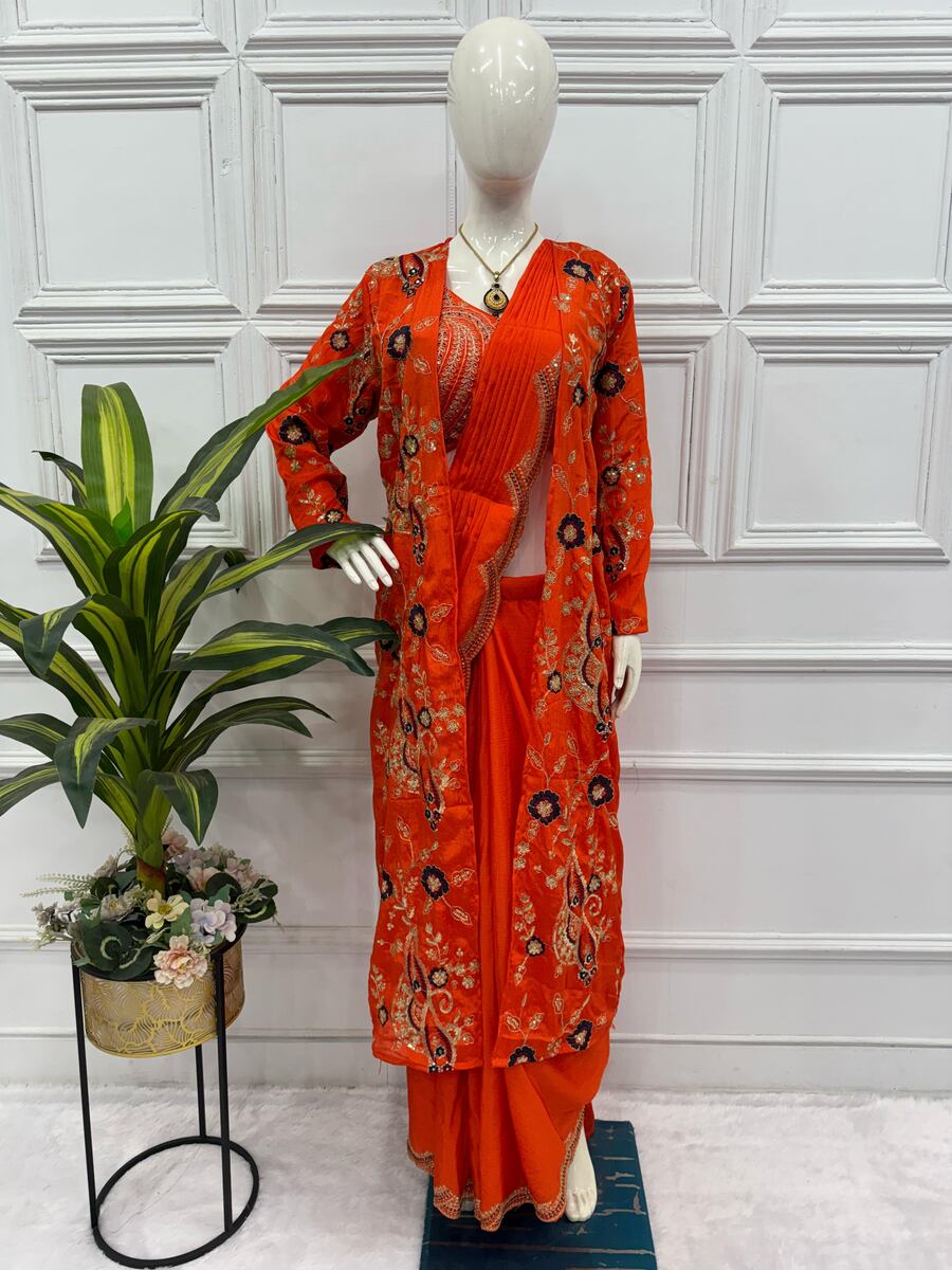 DESIGNER CHINON EMBROIDERY BORDER WORK READY TO WEAR SAREE WITH STITCHED BLOUSE AND KOTI PARTY WEAR WHOLESALE PRICE ETHNIC GARMENT (18)