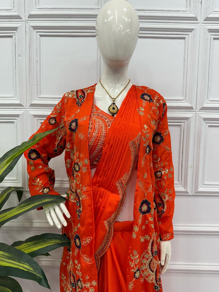 DESIGNER CHINON EMBROIDERY BORDER WORK READY TO WEAR SAREE WITH STITCHED BLOUSE AND KOTI PARTY WEAR WHOLESALE PRICE ETHNIC GARMENT (19)