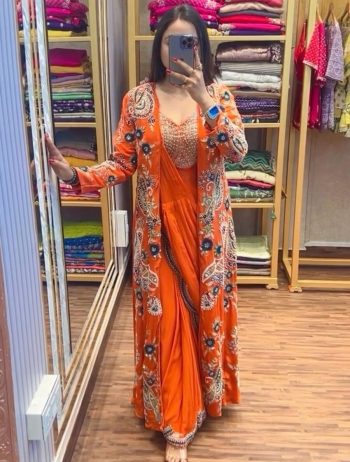 DESIGNER CHINON EMBROIDERY BORDER WORK READY TO WEAR SAREE WITH STITCHED BLOUSE AND KOTI ORANGE