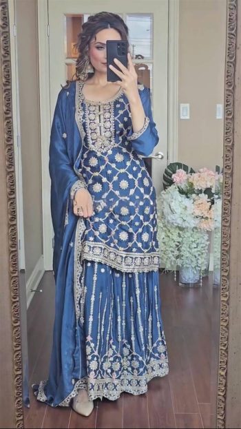 DESIGNER CHINON EMBROIDERY CODING SEQUENCE WORK TOP PALAZZO WITH DUPATTA BLUE