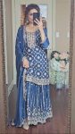 DESIGNER CHINON EMBROIDERY CODING SEQUENCE WORK TOP PALAZZO WITH DUPATTA BLUE
