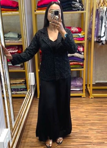 DESIGNER CHINON EMBROIDERY CODING WORK PALAZZO KOTI WITH STITCHED BLOUSE BLACK