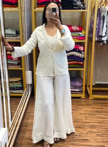 DESIGNER CHINON EMBROIDERY CODING WORK PALAZZO KOTI WITH STITCHED BLOUSE WHITE
