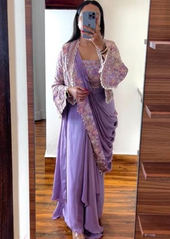 DESIGNER CHINON EMBROIDERY CODING WORK READY TO WEAR SAREE STITCHED BLOUSE WITH JACKET  LAVENDER