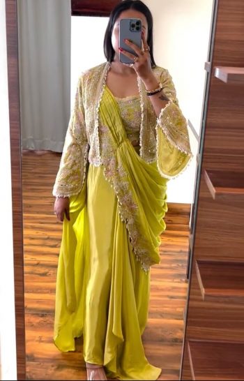 DESIGNER CHINON EMBROIDERY CODING WORK READY TO WEAR SAREE STITCHED BLOUSE WITH JACKET  YELLOW